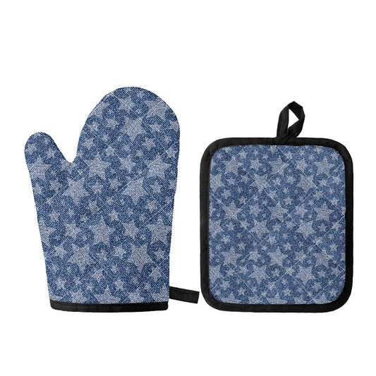 Star Denim Jeans Pattern Print Oven Mitt And Pot Holder Set