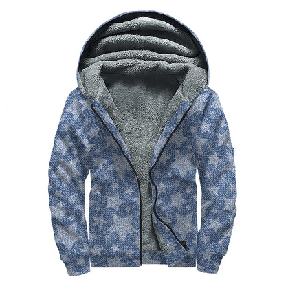 Star Denim Jeans Pattern Print Sherpa Lined Zip Up Hoodie