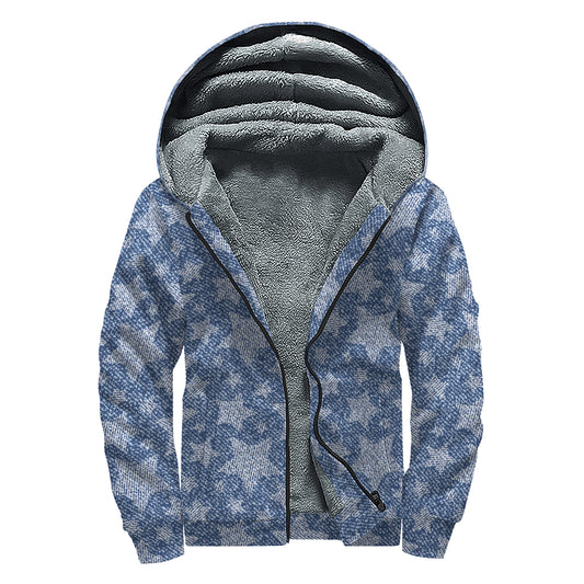 Star Denim Jeans Pattern Print Sherpa Lined Zip Up Hoodie