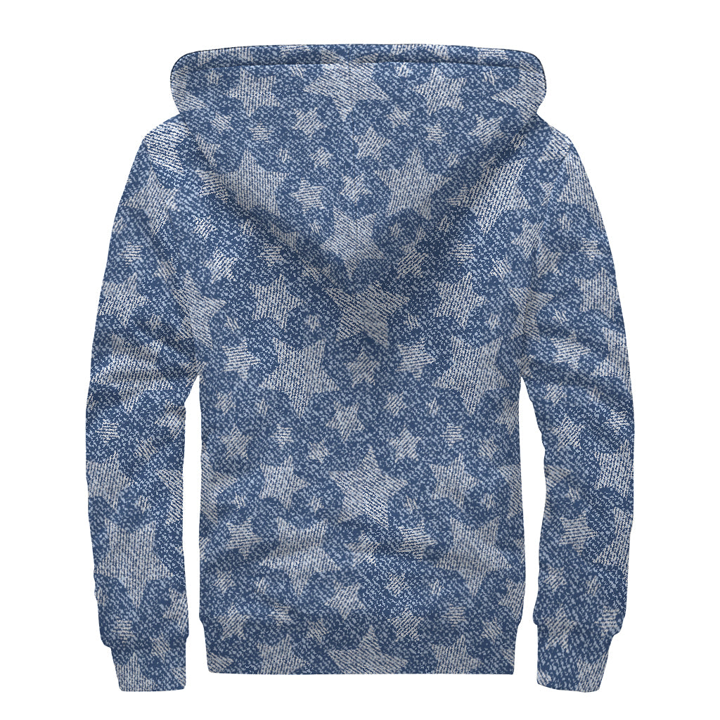 Star Denim Jeans Pattern Print Sherpa Lined Zip Up Hoodie
