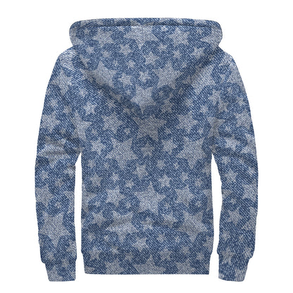 Star Denim Jeans Pattern Print Sherpa Lined Zip Up Hoodie
