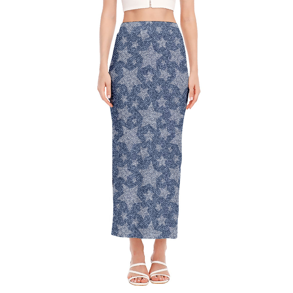 Star Denim Jeans Pattern Print Side Slit Maxi Skirt