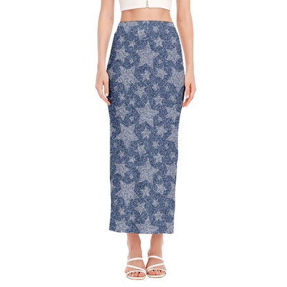 Star Denim Jeans Pattern Print Side Slit Maxi Skirt