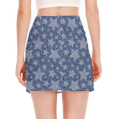Star Denim Jeans Pattern Print Side Slit Mini Skirt