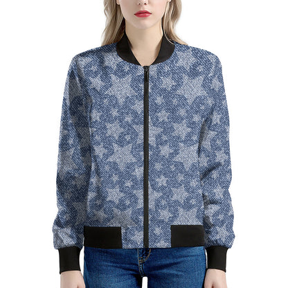 Star Denim Jeans Pattern Print Women's Bomber Jacket