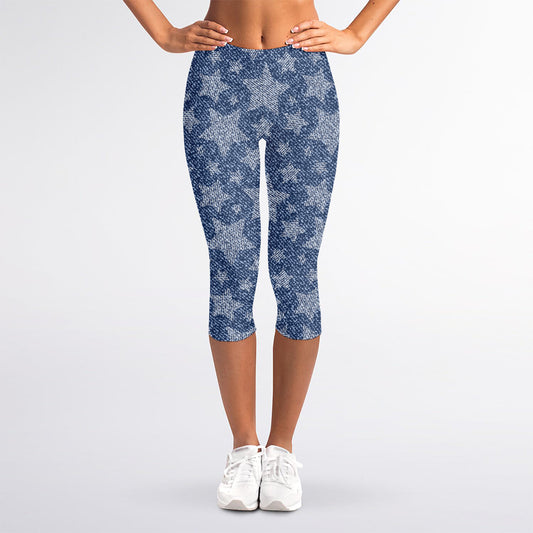 Star Denim Jeans Pattern Print Women's Capri Leggings