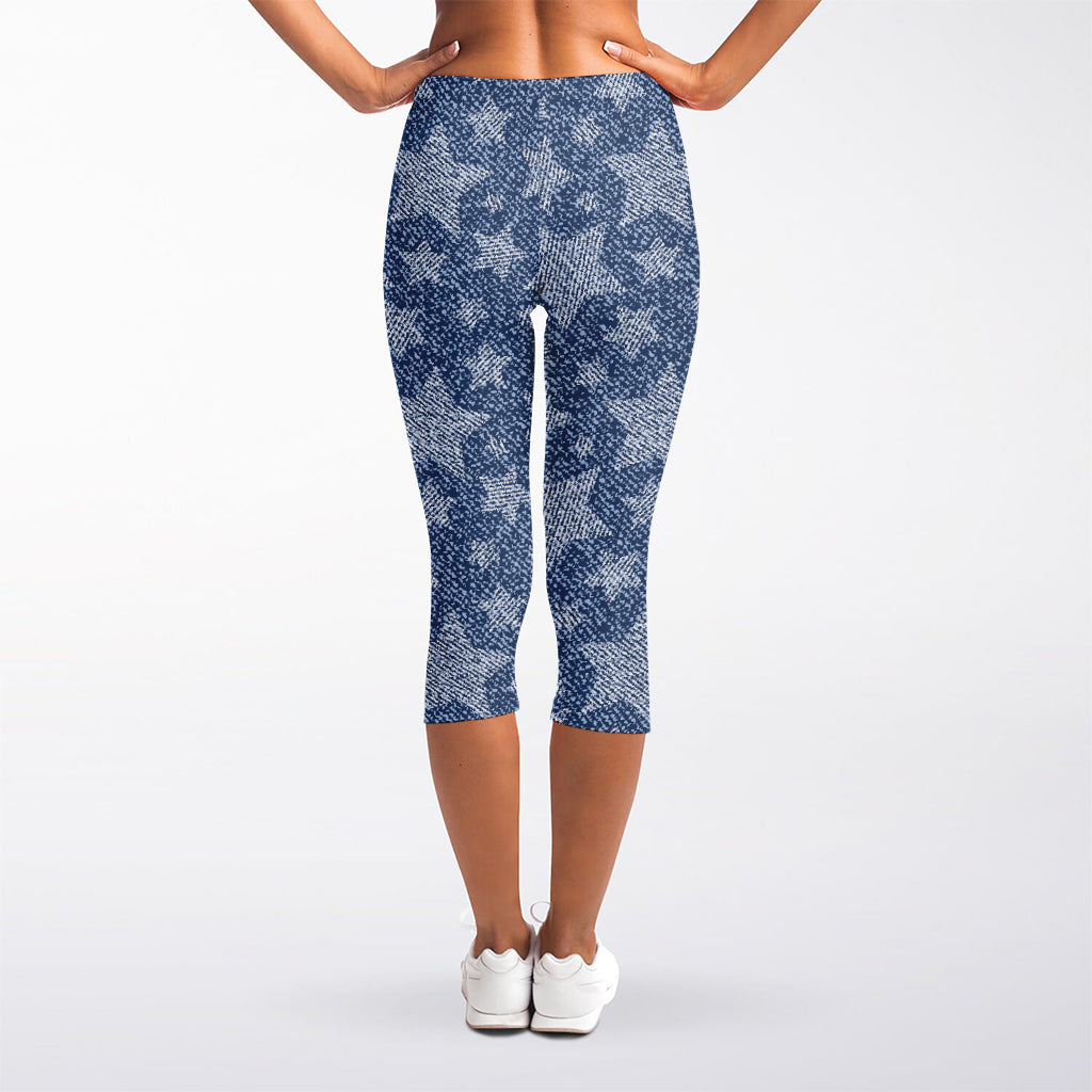 Star Denim Jeans Pattern Print Women's Capri Leggings