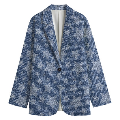 Star Denim Jeans Pattern Print Women's Cotton Blazer