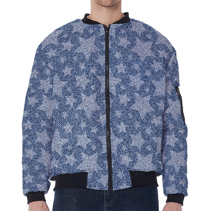 Star Denim Jeans Pattern Print Zip Sleeve Bomber Jacket