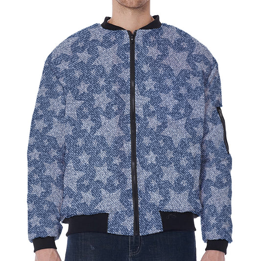 Star Denim Jeans Pattern Print Zip Sleeve Bomber Jacket