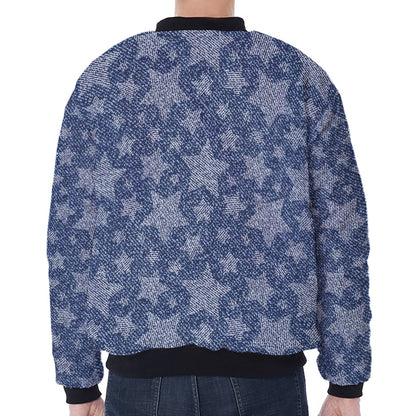 Star Denim Jeans Pattern Print Zip Sleeve Bomber Jacket