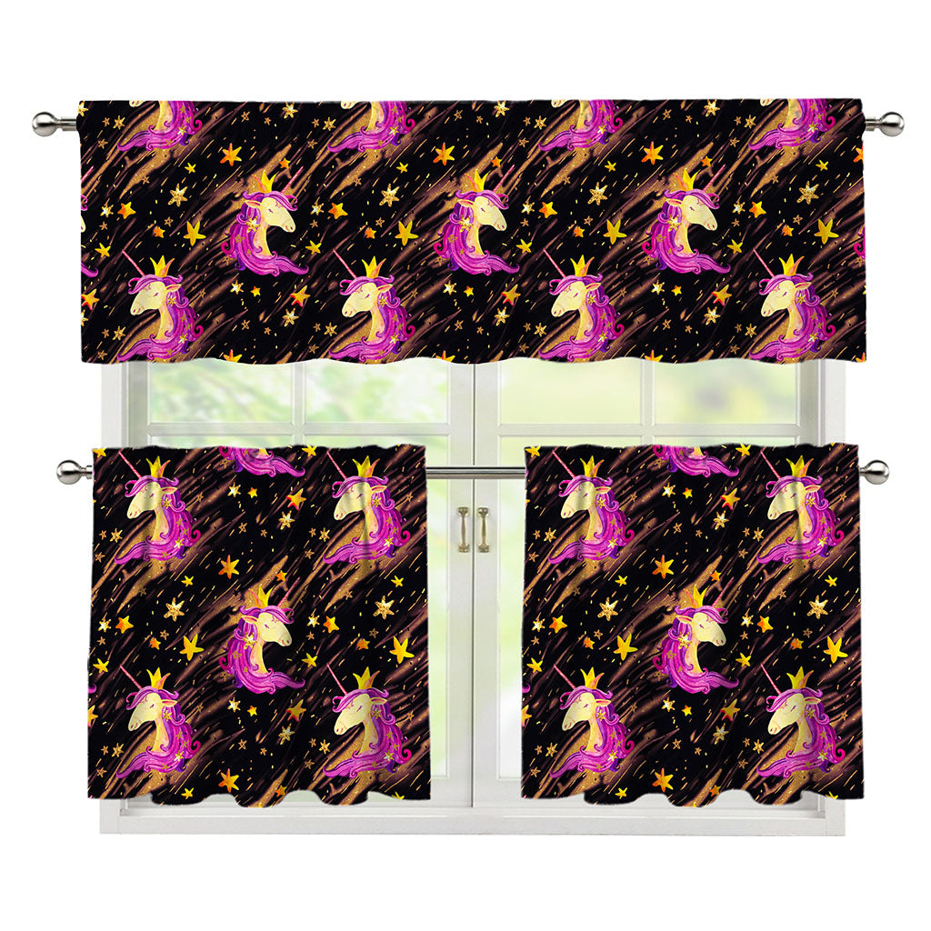 Star Fairy Unicorn Pattern Print 3 Piece Kitchen Curtains
