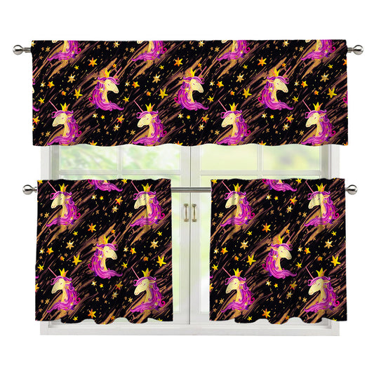 Star Fairy Unicorn Pattern Print 3 Piece Kitchen Curtains
