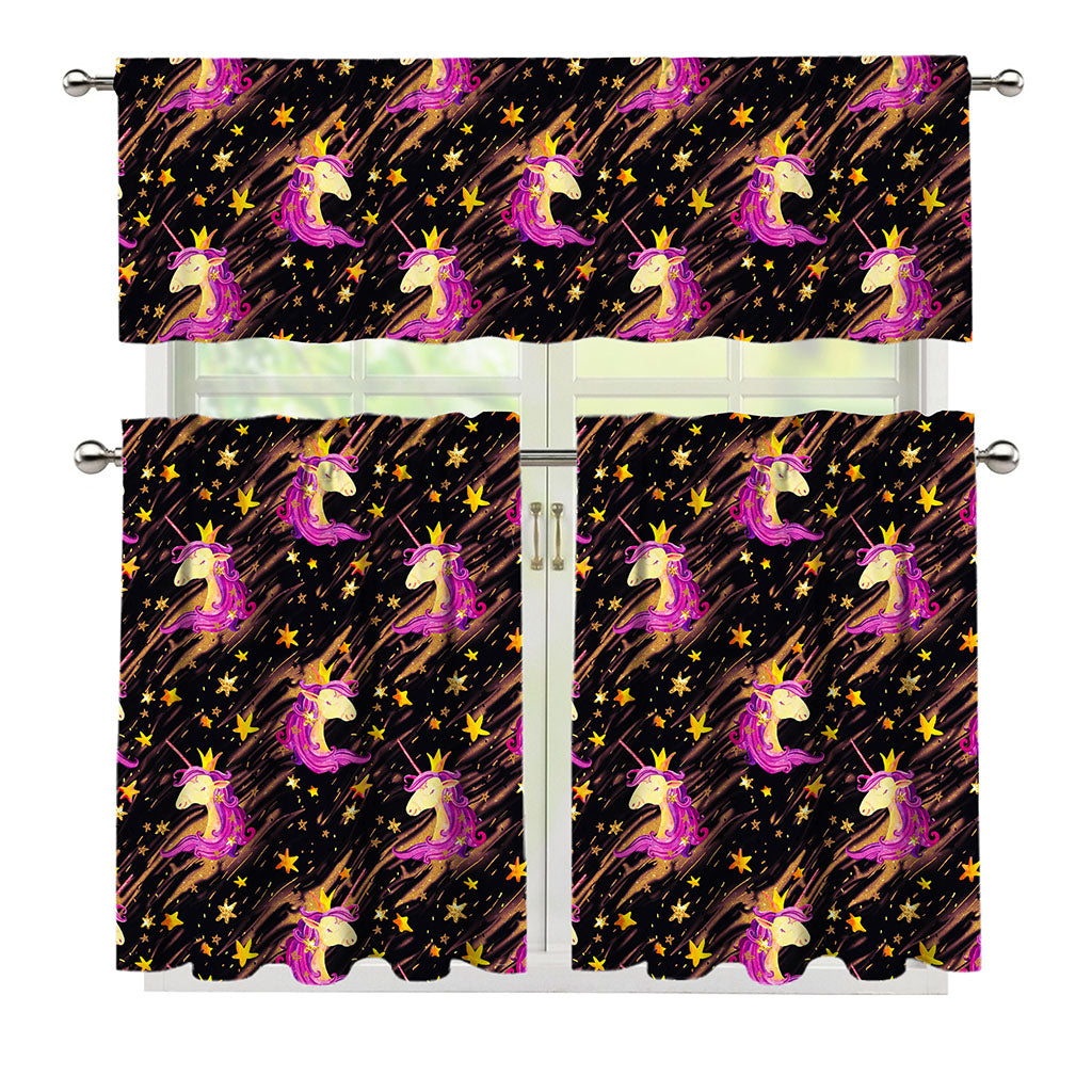 Star Fairy Unicorn Pattern Print 3 Piece Kitchen Curtains