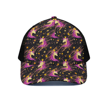 Star Fairy Unicorn Pattern Print Black Mesh Trucker Cap