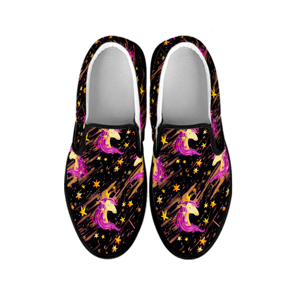 Star Fairy Unicorn Pattern Print Black Slip On Sneakers