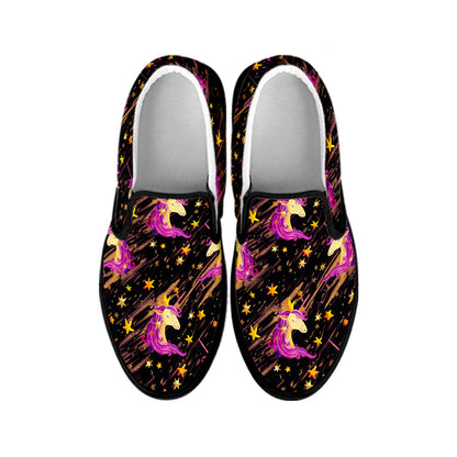 Star Fairy Unicorn Pattern Print Black Slip On Sneakers