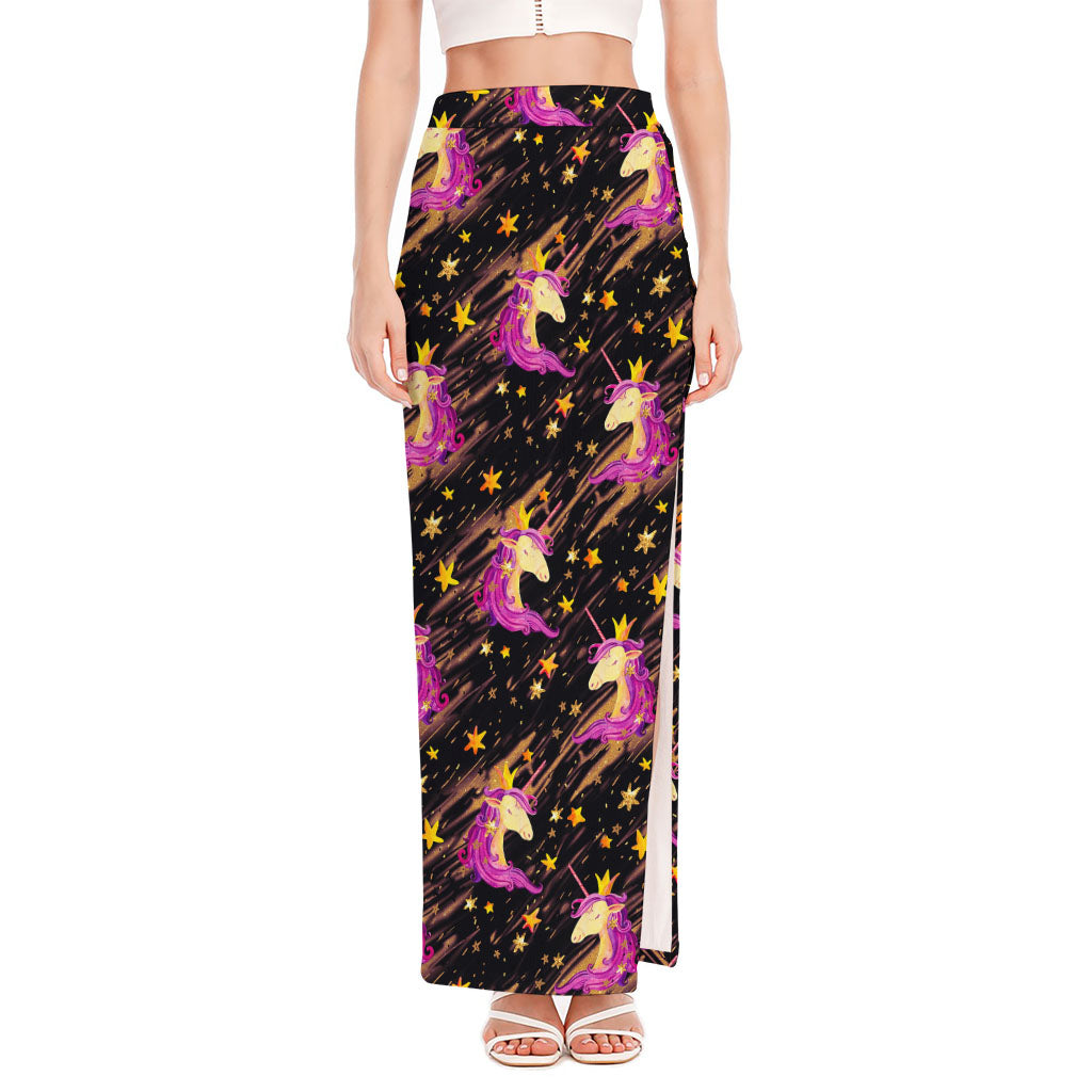 Star Fairy Unicorn Pattern Print High Slit Maxi Skirt