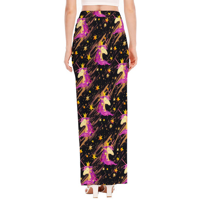 Star Fairy Unicorn Pattern Print High Slit Maxi Skirt