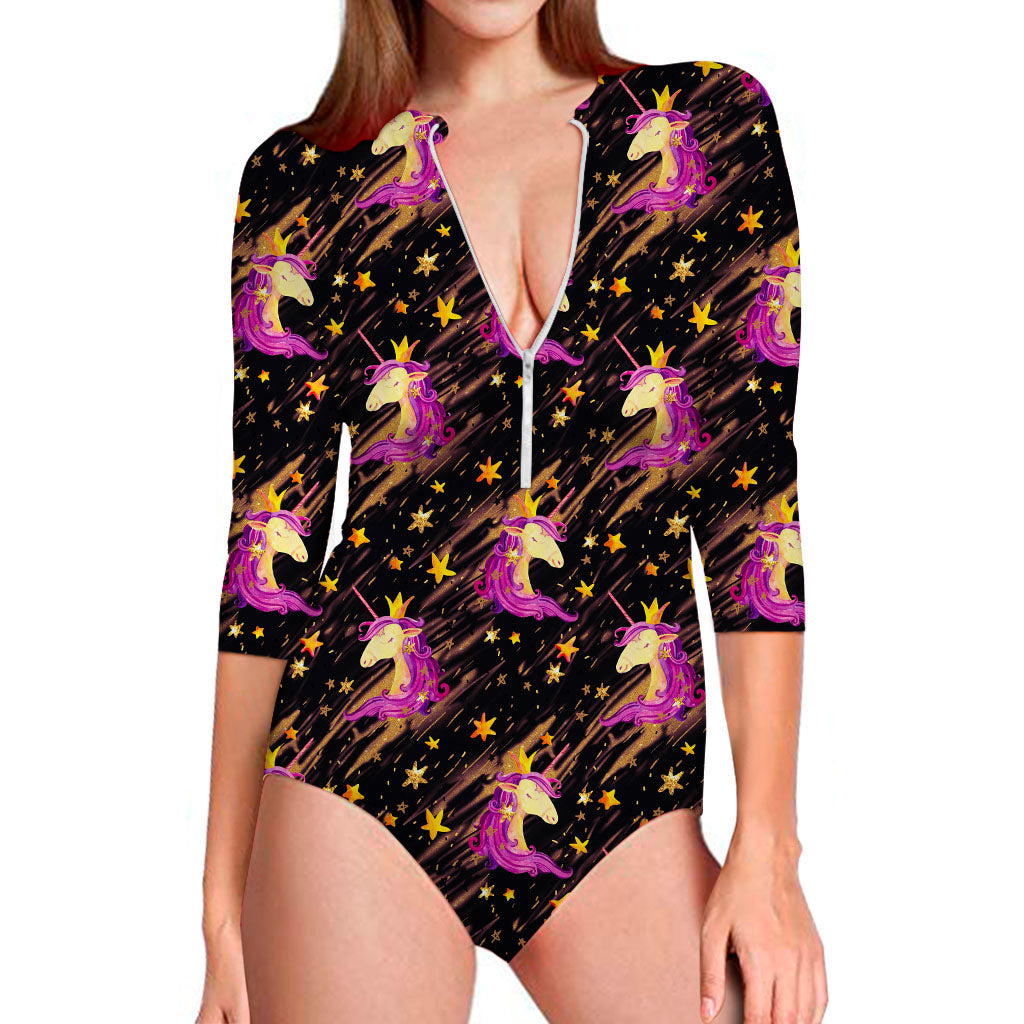 Star Fairy Unicorn Pattern Print Long Sleeve Swimsuit