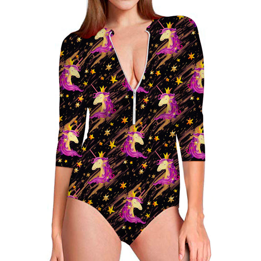 Star Fairy Unicorn Pattern Print Long Sleeve Swimsuit