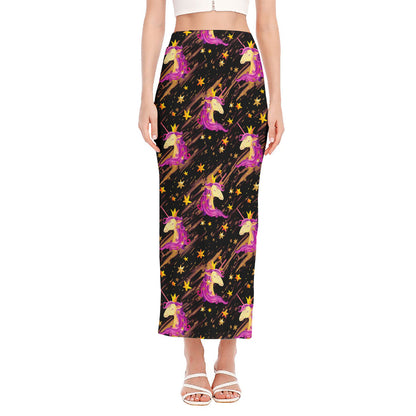 Star Fairy Unicorn Pattern Print Side Slit Maxi Skirt