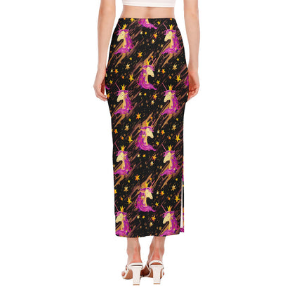 Star Fairy Unicorn Pattern Print Side Slit Maxi Skirt