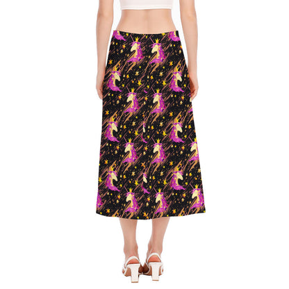 Star Fairy Unicorn Pattern Print Side Slit Midi Skirt