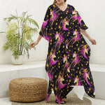 Star Fairy Unicorn Pattern Print Silk V-Neck Kaftan Dress