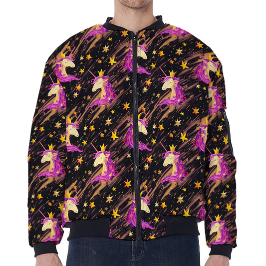 Star Fairy Unicorn Pattern Print Zip Sleeve Bomber Jacket