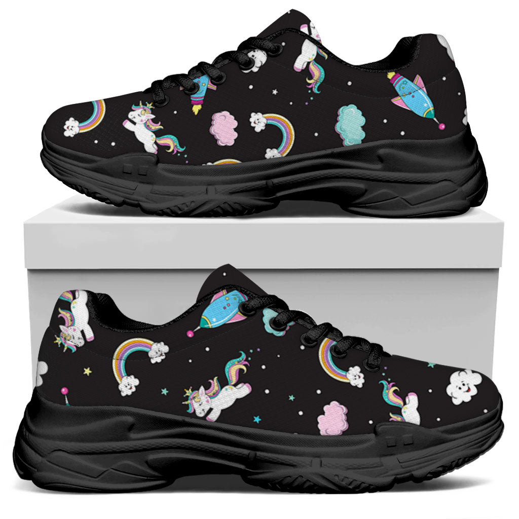 Star Space Unicorn Pattern Print Black Chunky Shoes