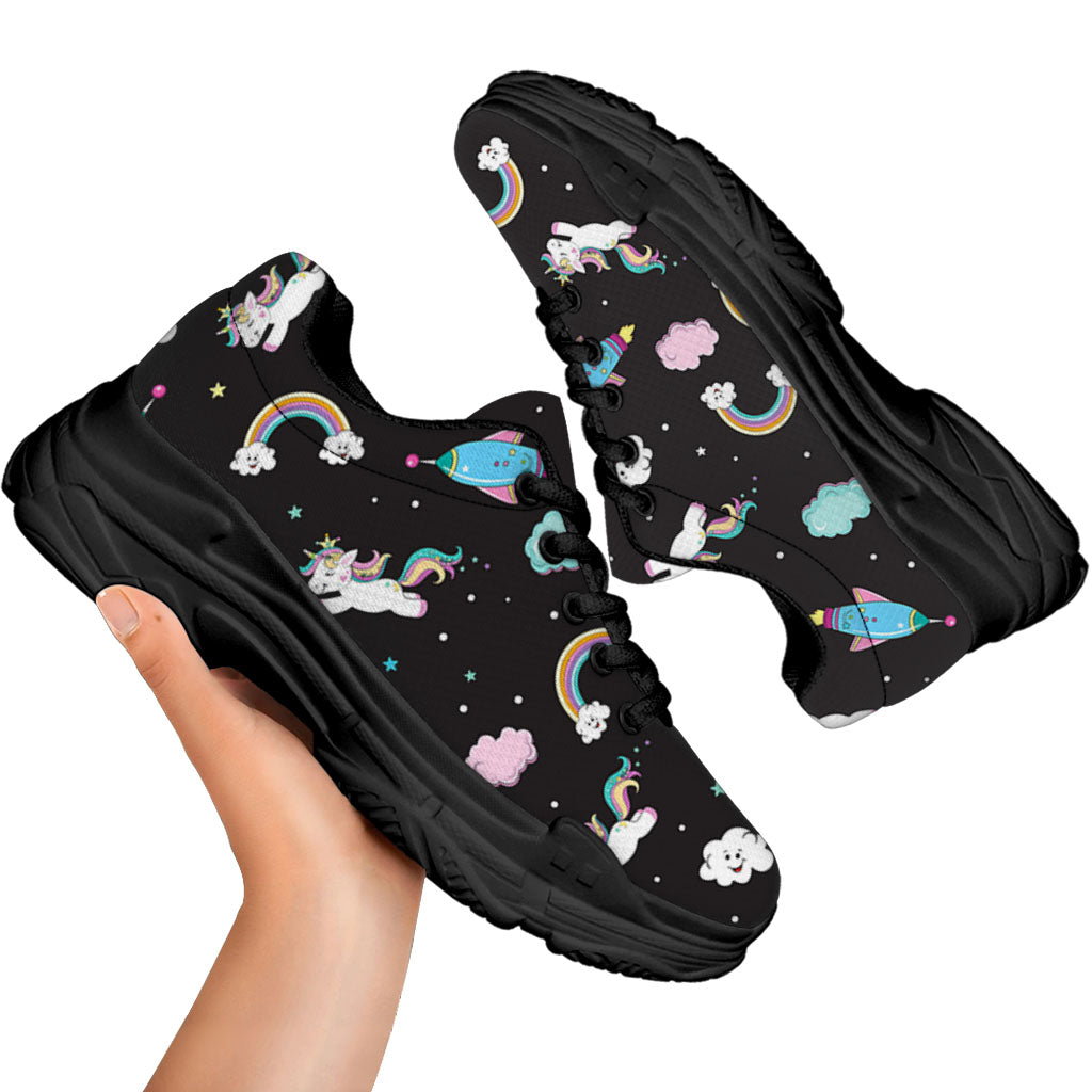 Star Space Unicorn Pattern Print Black Chunky Shoes