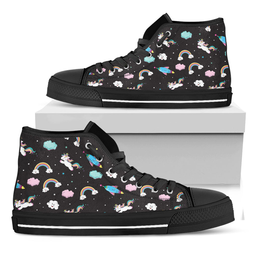 Star Space Unicorn Pattern Print Black High Top Sneakers