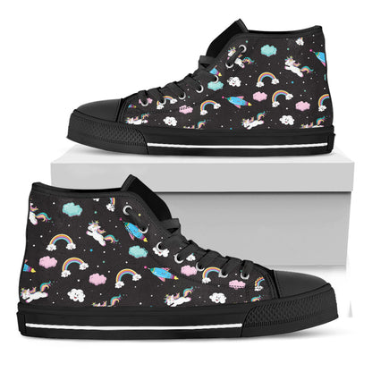 Star Space Unicorn Pattern Print Black High Top Sneakers