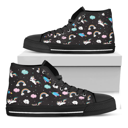 Star Space Unicorn Pattern Print Black High Top Sneakers