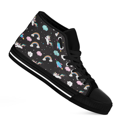 Star Space Unicorn Pattern Print Black High Top Sneakers