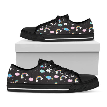 Star Space Unicorn Pattern Print Black Low Top Sneakers