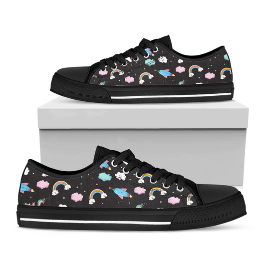 Star Space Unicorn Pattern Print Black Low Top Sneakers