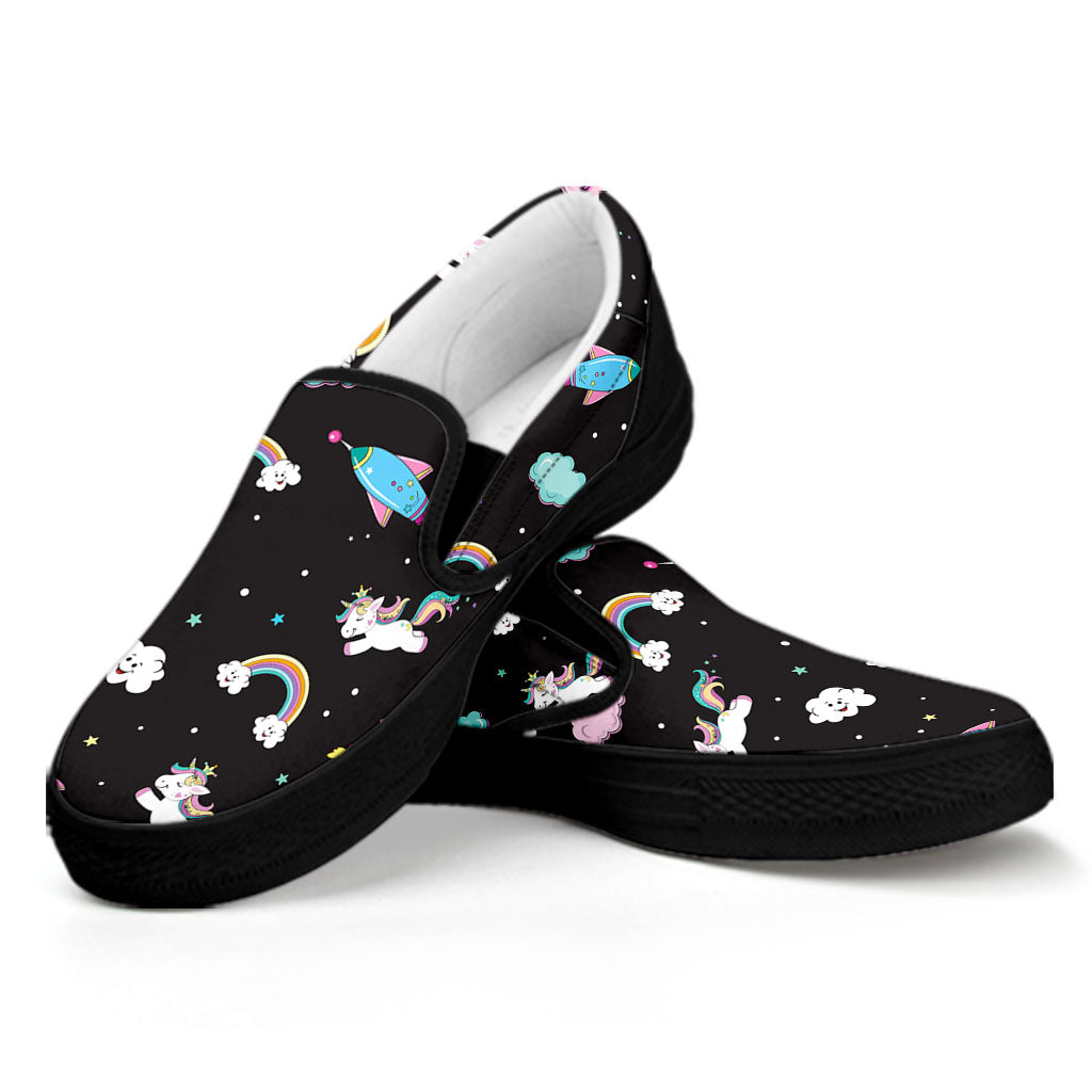 Star Space Unicorn Pattern Print Black Slip On Sneakers