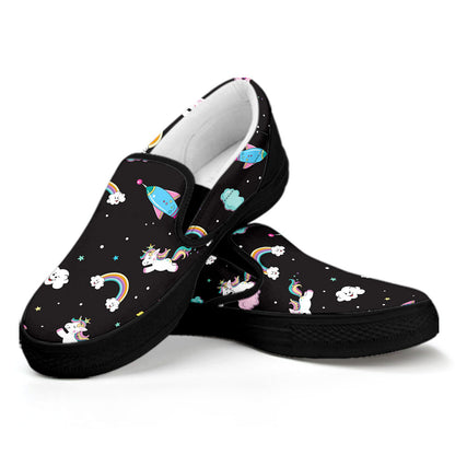 Star Space Unicorn Pattern Print Black Slip On Sneakers