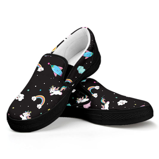 Star Space Unicorn Pattern Print Black Slip On Sneakers
