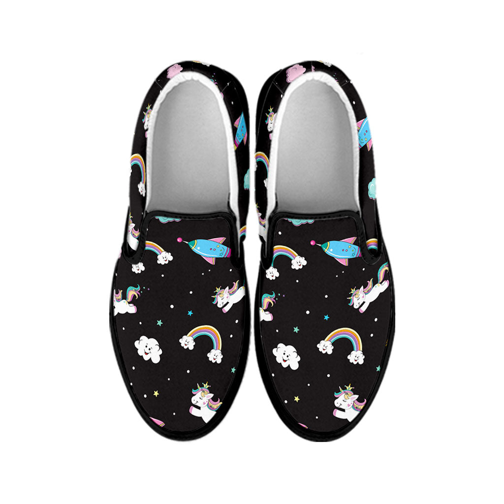 Star Space Unicorn Pattern Print Black Slip On Sneakers