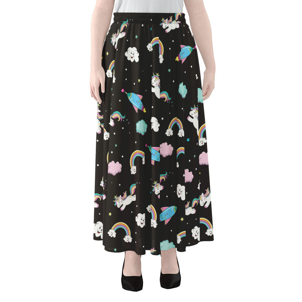 Star Space Unicorn Pattern Print Chiffon Maxi Skirt