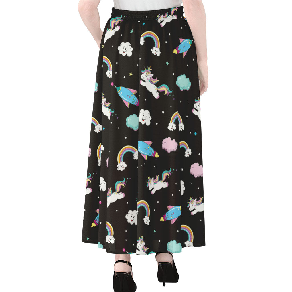 Star Space Unicorn Pattern Print Chiffon Maxi Skirt