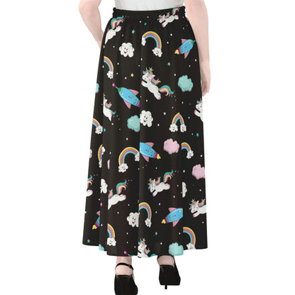 Star Space Unicorn Pattern Print Chiffon Maxi Skirt