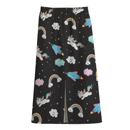 Star Space Unicorn Pattern Print Cotton Front Slit Maxi Skirt
