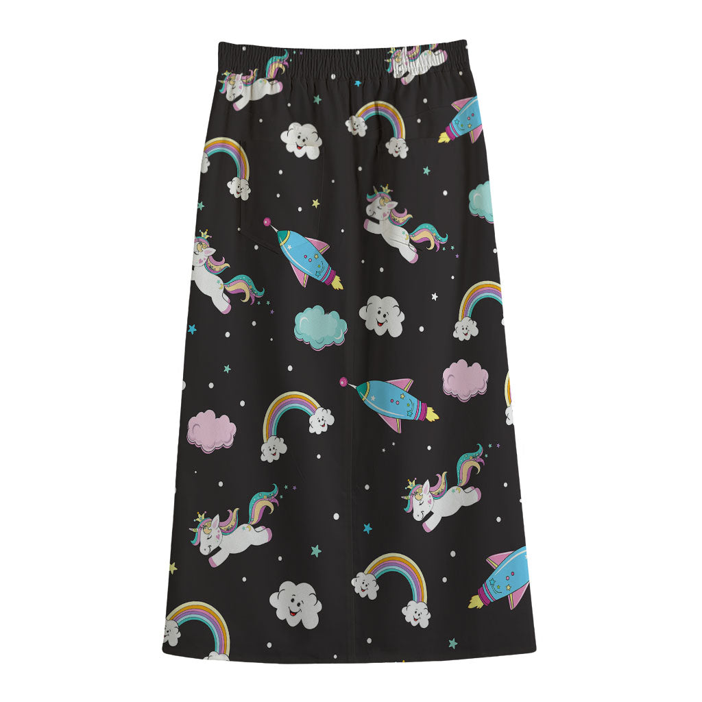 Star Space Unicorn Pattern Print Cotton Front Slit Maxi Skirt
