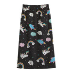 Star Space Unicorn Pattern Print Cotton Front Slit Maxi Skirt