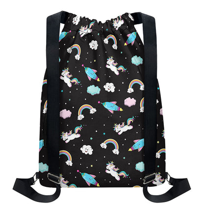 Star Space Unicorn Pattern Print Drawstring Backpack