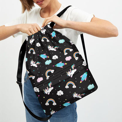 Star Space Unicorn Pattern Print Drawstring Backpack